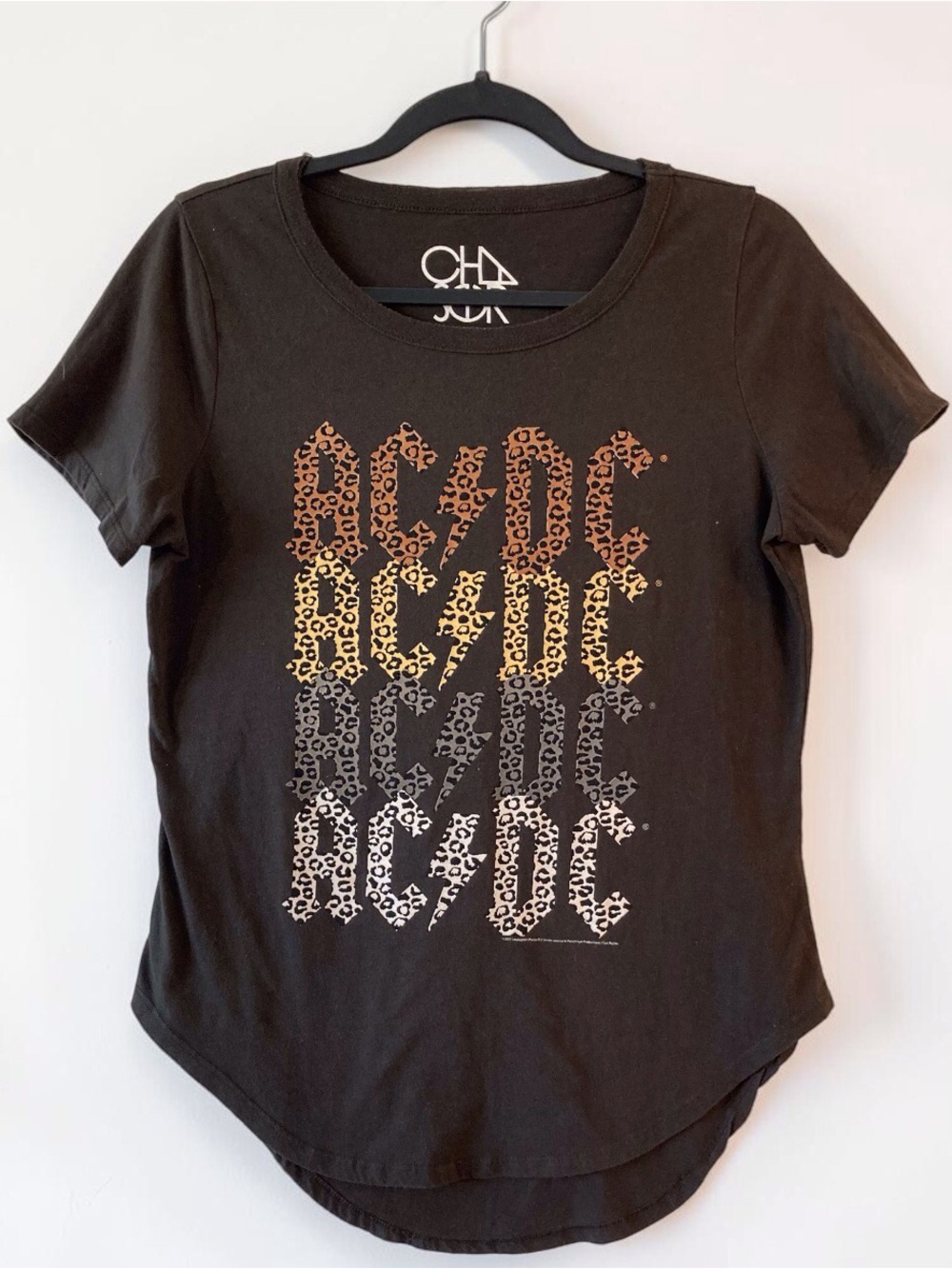 Chaser Brown AC/DC Leopard Graphic Tee Med Rocker Chic